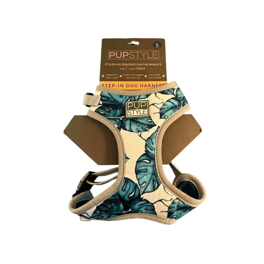 PUPSTYLE Step-In Dog Harness Small Teal Palm Vibes NWT Monstera Leaf Print
